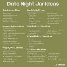 the date night jar ideas list is shown in green and has information for each item