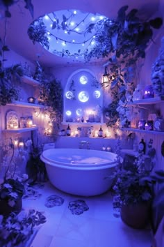 a bath tub sitting in the middle of a room filled with plants and candles on shelves