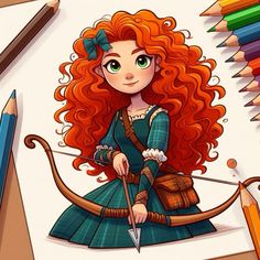 a drawing of a redhead girl holding a bow and arrow with colored pencils around her