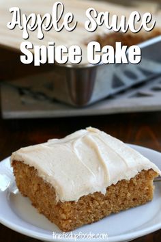 a close up of a piece of cake on a plate with the words old fashioned apple sauce cake