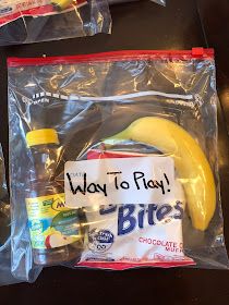 the contents of a play doughnut bag are shown in plastic bags, including bananas and yogurt