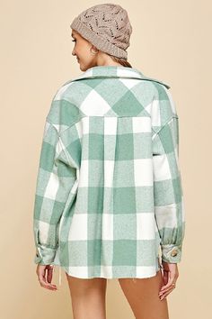 Lime N Chili OttCute trending shacket shirt plaid jacket coat with chest pockets and buttons. Oversize loose fit. Button up. Banded cuffs. Heavyweight and flannel lined. Keep warm. So Cute! Color: Sage/Ivory, Lining Green Polyester soft flannel Sizes: S/M M/L Pit to pit S/M 24, Length 26" Pit to pit M/L 25, Length 27 100% Polyester, Lining Polyester hand wash cold, line dry, imported E5-4/M0955 Oversized Plaid Flannel Shirt With Pockets, Winter Plaid Collared Shacket, Long Sleeve Flannel Shacket With Button Closure, Trendy Plaid Cotton Outerwear, Spring Plaid Flannel Outerwear, Plaid Flannel Outerwear With Long Sleeves, Flannel Long Sleeve Shacket With Pockets, Flannel Shacket With Pockets, Long Sleeve Flannel Shirt With Snap Buttons For Fall