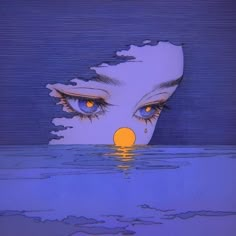 an image of a woman's face with blue eyes and orange nose floating in the water