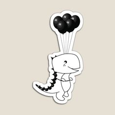 a sticker depicting a dinosaur flying with black balloons in the shape of a heart