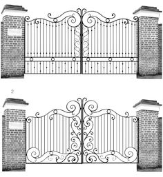 two gates with brick pillars and wrought iron bars on each side, one in black and white