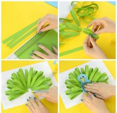 the process for making paper flowers is shown with scissors and green strips on top of them