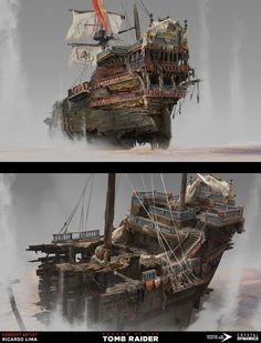 two different views of an old pirate ship