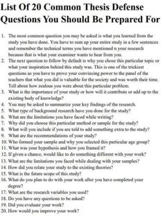 a paper with the words list of 20 common thesis defense questions you should be prepared for