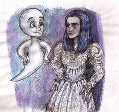 a drawing of a girl and a creepy doll