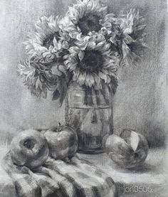 a drawing of sunflowers and apples in a vase on a table cloth next to an apple