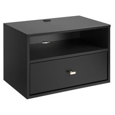 a black entertainment unit with two drawers and an open drawer on the bottom, in front of a white background