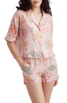 Bountiful blooms cover this silk-kissed PJ set composed of a cropped, boxy top and matching elastic-waist boxer shorts. Top has front button closure; notched collar; short sleeves Bottoms have elastic waist; side-seam pockets 70% cotton, 30% silk Machine wash, line dry Imported Summer Silk Sets With Short Sleeves, Spring Sleepwear Sets With Short Sleeves, Summer Silk Daywear Sets, Summer Silk Sets For Daywear, Silk Summer Sets For Daywear, Casual Silk Sleepwear For Spring, Feminine Summer Sets With Short Sleeves, Short Sets For Daywear In Spring, Feminine Short Sleeve Summer Set