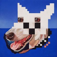 a painting of a dog's face with its tongue out and his eyes open