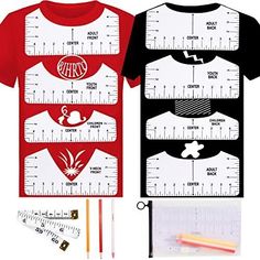 two t - shirts with rulers and pencils next to them