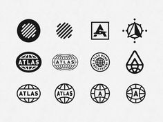 the logos for atlas are designed in black and white, with geometric shapes on them