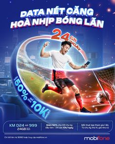 an advertisement for a soccer game with a man kicking the ball in front of him