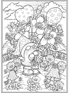 an adult coloring page with flowers and balloons