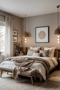 a large bed sitting in a bedroom next to a window with two lamps hanging above it