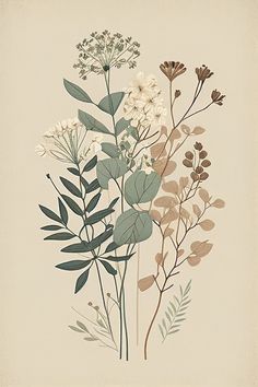 an illustration of flowers and leaves on a beige background