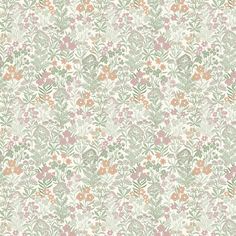 a floral wallpaper pattern with pink, orange and green flowers on white background in pastel tones