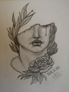 a drawing of a woman's face with flowers in her hair