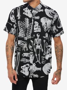 Skeleton Anatomy Allover Print Woven Button-Up | Hot Topic Skeleton Parts, Skeleton Anatomy, Aesthetic Board, Tall Hoodies, Crazy Outfits, Plus Size Swim, Friend Group, Plus Size Fits, Swim Fashion