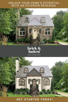 two houses with the words brick & batten on them and an image of their front yard