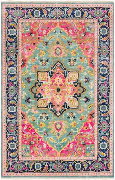 a colorful rug with an ornate design on the front and back side, in blue, pink