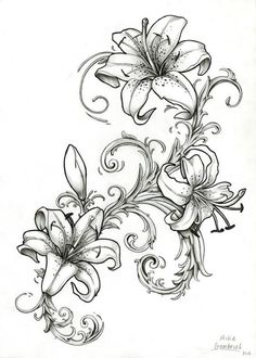 a drawing of flowers with swirls and leaves on the side, in black and white