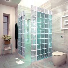 a bathroom with a glass shower and toilet