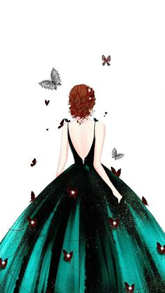 a woman in a green dress surrounded by butterflies