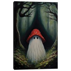 a painting of a white mushroom in the forest with trees and leaves on it's face