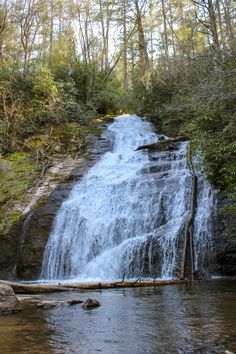 a large waterfall in the middle of a forest