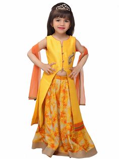 Printed Yellow Raw Silk Party Lehenga Choli Party Lehenga, Girls Lehenga, Kids Frock, Kids Lehenga Choli, Lehenga Choli Designs, Frock Designs, Choli Dress, Kids Garments