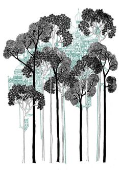 some trees and buildings in the background with blue ink on white paper by artist susan schn