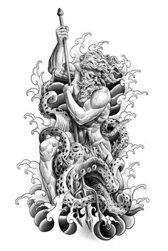 Poseidon Drawing, Hades Tattoo, Nautical Tattoo Sleeve, Trident Tattoo, Greek God Tattoo, Poseidon Tattoo, Zeus Tattoo, Octopus Tattoo Design, Sea Tattoo