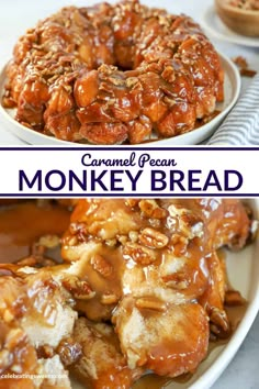 two plates filled with monkey bread covered in caramel sauce and pecans on the side