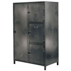 a tall metal cabinet with four doors and three drawers on one side, in front of a white background