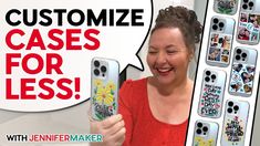 a woman holding up her cell phone with the words customize cases for less