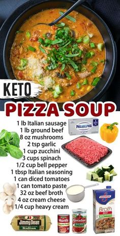 a poster with instructions on how to make keto pizza soup