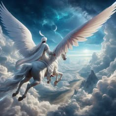 an angel riding on the back of a white horse flying through the sky above clouds