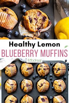 healthy lemon blueberry muffins in a muffin tin