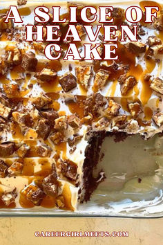 A slice of heaven cake is an easy and delicious dessert recipe! It's like a poke cake but it tastes like heaven on earth because it's extra creamy and chocolatey. All you'll need is a box of chocolate cake mix, Cool Whip, sweetened condensed milk, caramel, and Snickers candy bars. It's the perfect cake for a potluck, Superbowl party, or any gathering with a crowd. Enjoy!!

poke cakes // a slice of heaven cake // chocolate cake // cake mix Deviled Food Cake Mix Recipes, Almost Homemade Desserts, Cakes Made From Box Mixes, Reeses Poke Cake Recipe, Boxed Cake Mixes Recipes Chocolate, Cake Mix With Pie Filling Recipes, Cakes With Sweetened Condensed Milk, Strawberry Heaven Cake, Desert Cakes Ideas