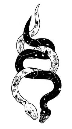 a black and white drawing of a snake with flowers on it's back end