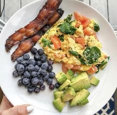 a white plate topped with eggs, bacon and blueberries next to avocado