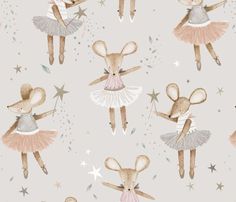 watercolor illustration of rabbits in ballet costumes with stars and sparkles on a pink background