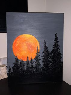 a painting of a full moon with trees in the background