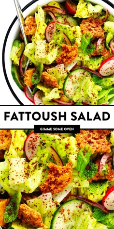 a bowl filled with salad and topped with dressing next to the words, fattouish salad