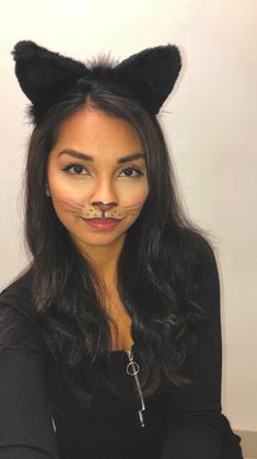 Cat makeup 🐱 Cute Black Cat Halloween Makeup, Cat Face Costume Make Up, Cat Makeup Halloween Aesthetic, Black Kitten Halloween, Black Cat Outfit Halloween Costume Ideas, Cat Face For Halloween Make Up, Kitten Makeup Halloween