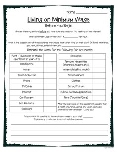 a printable worksheet for the living on minnun wage, which includes two